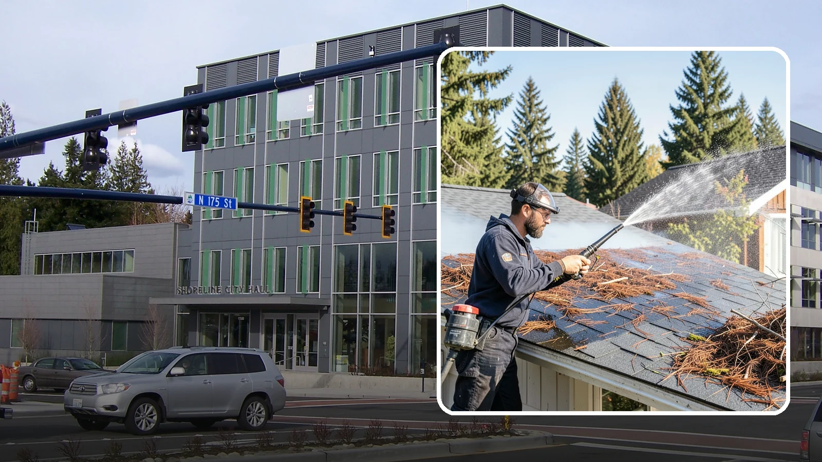 Roof Debris Removal in Shoreline, King County, WA - Roof debris removal that clears needles, leaves, and branches that pile up under Washington's evergreen canopy.