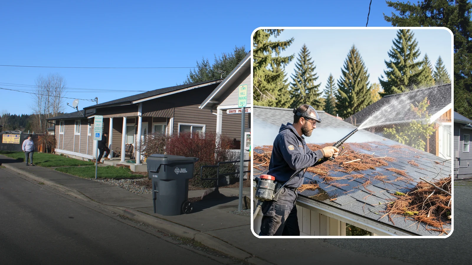 Roof Debris Removal in South Prairie, Pierce County, WA - Roof debris removal that clears needles, leaves, and branches that pile up under Washington's evergreen canopy.