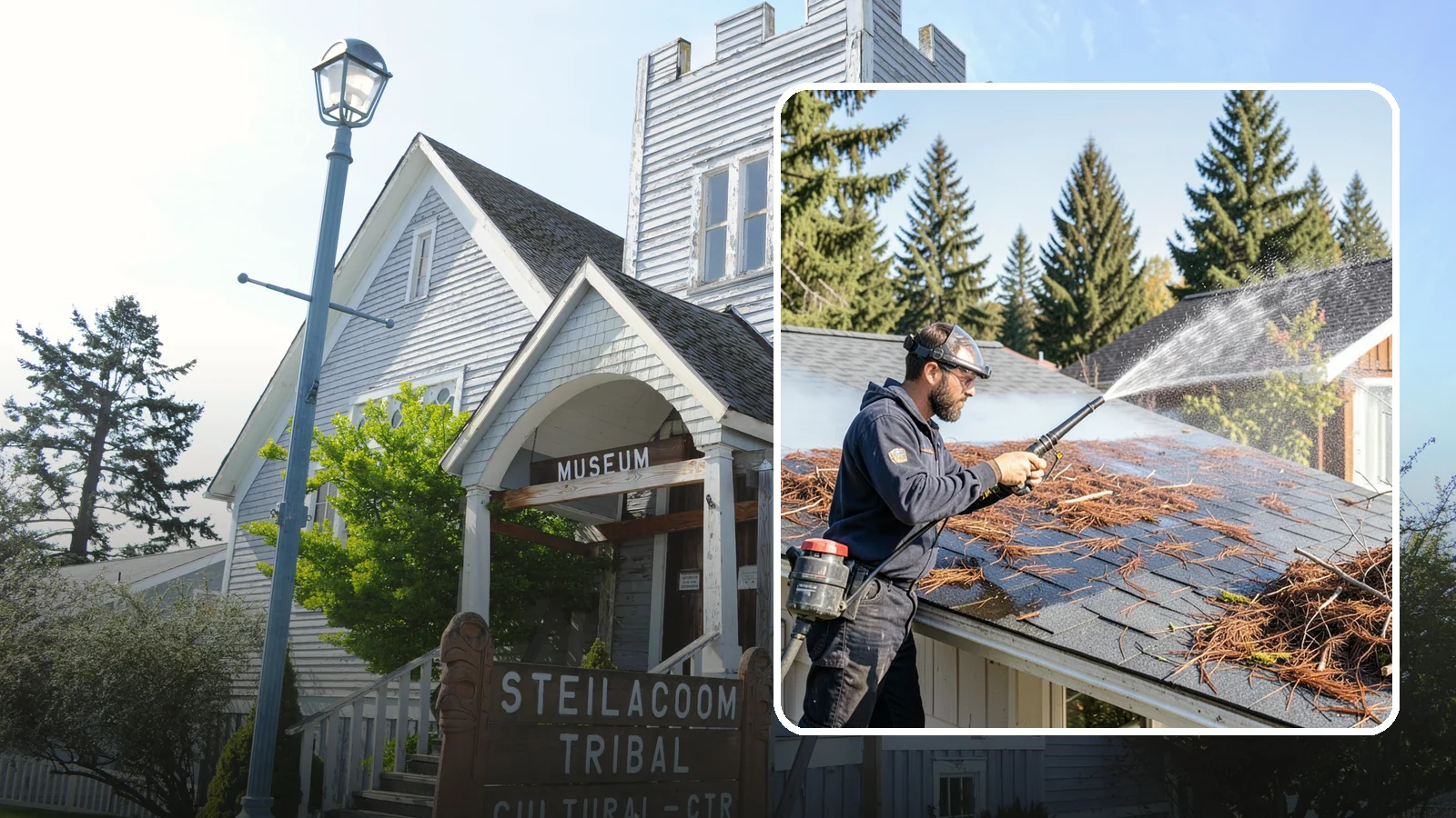 Roof Debris Removal in Steilacoom, Pierce County, WA - Roof debris removal that clears needles, leaves, and branches that pile up under Washington's evergreen canopy.