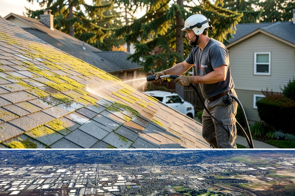 Roof Lichen Removal in Kent, King County, WA - Treat lichen during dry summer weather so extended dwell treatments are not diluted by rain.