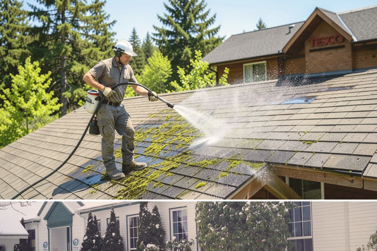 Roof Lichen Removal in Pacific, King County, WA - Treat lichen during dry summer weather so extended dwell treatments are not diluted by rain.