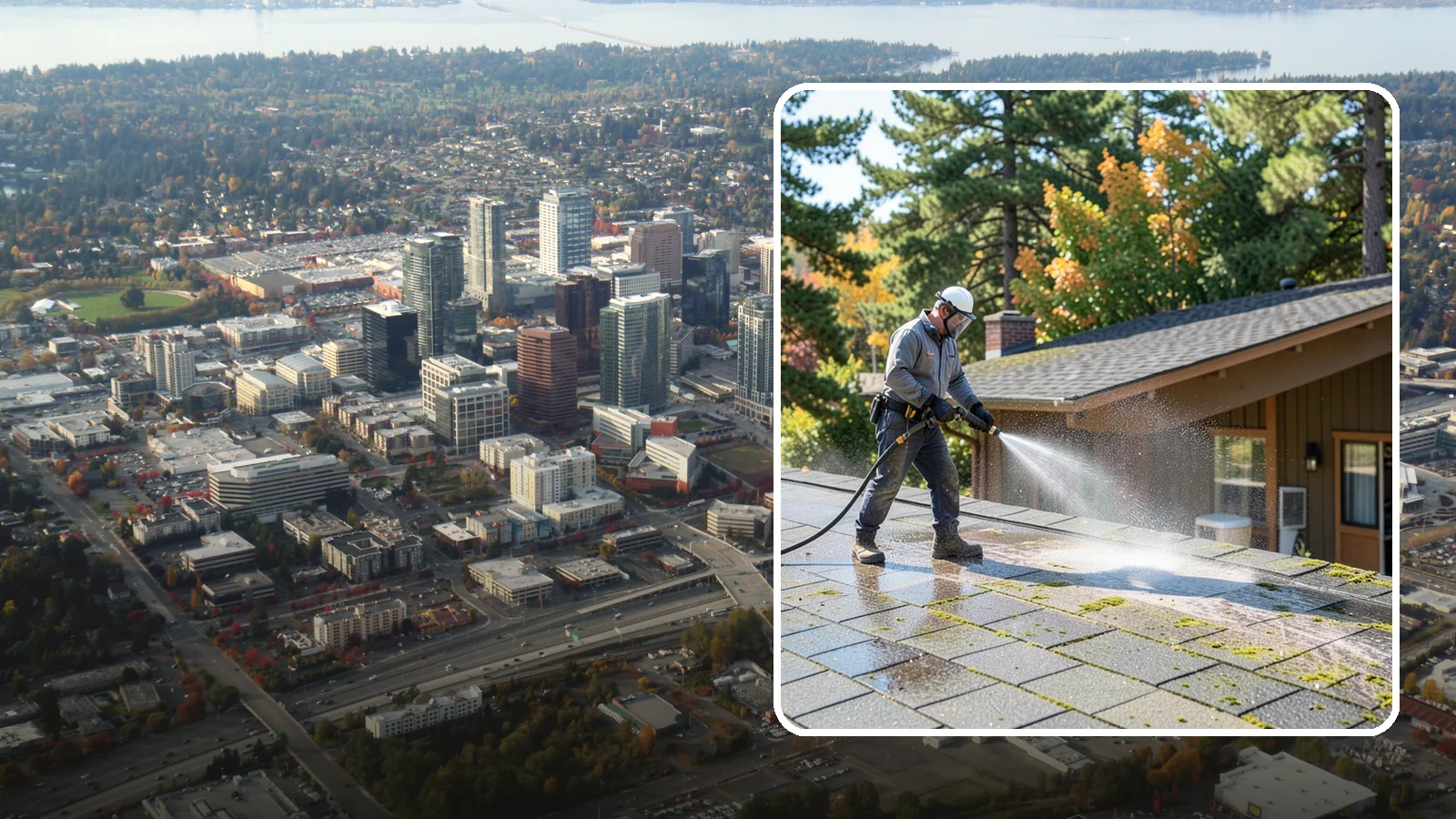 Roof Maintenance Cleaning in Bellevue, King County, WA - A recurring roof maintenance cleaning that keeps moss, algae, and debris in check across Washington's long wet season.