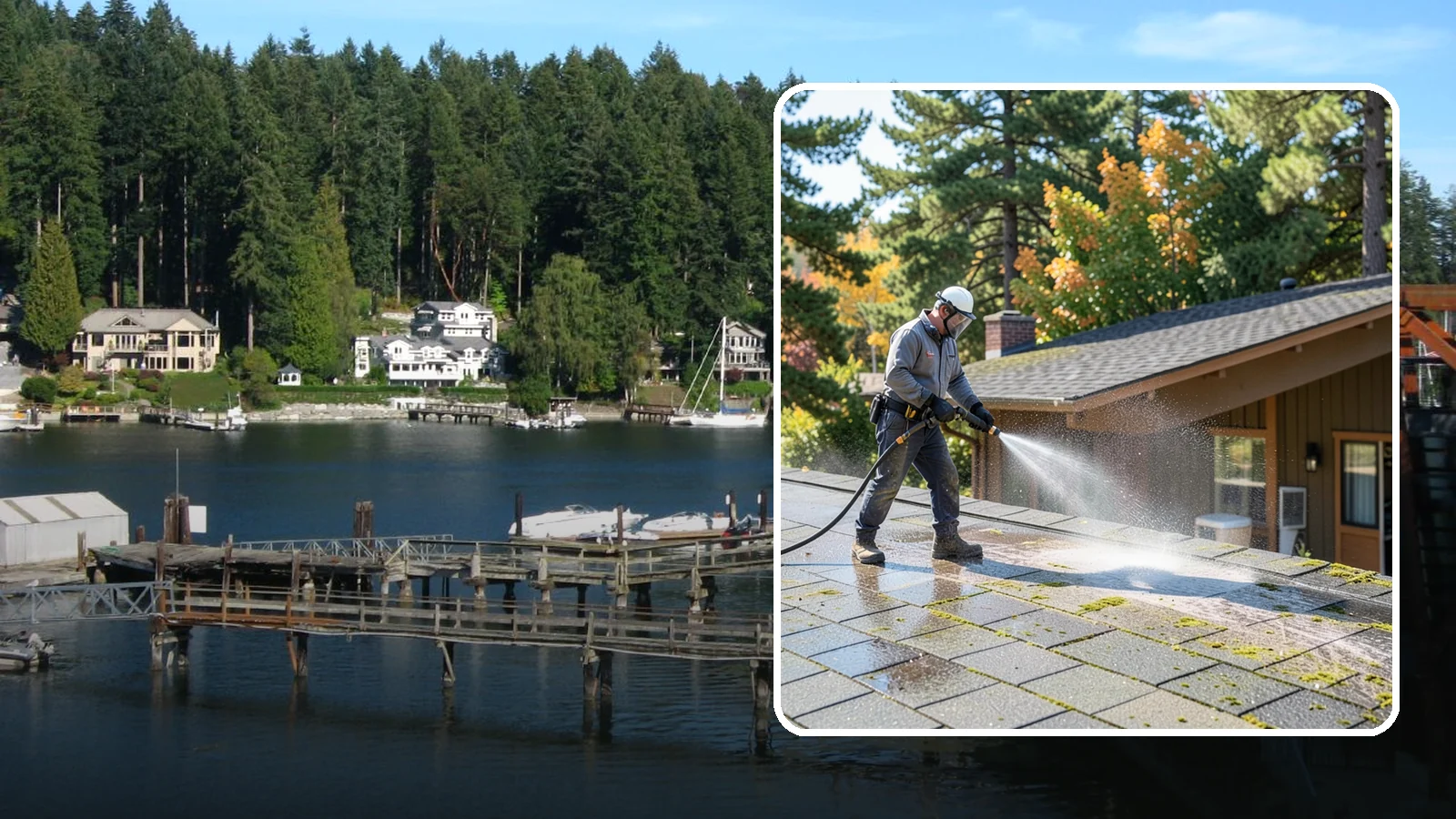 Roof Maintenance Cleaning in Gig Harbor, Pierce County, WA - A recurring roof maintenance cleaning that keeps moss, algae, and debris in check across Washington's long wet season.