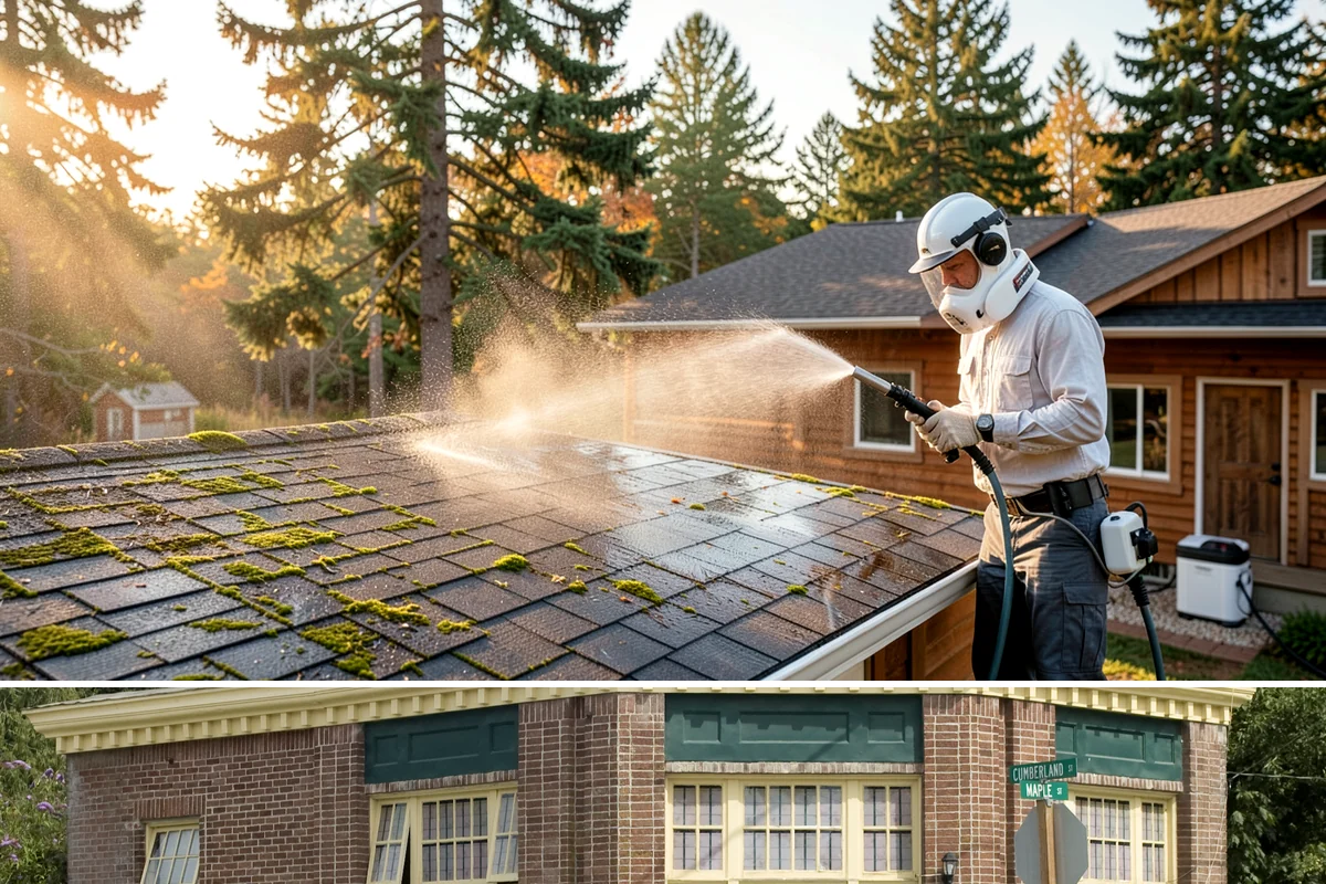 Roof Maintenance Cleaning in Hamilton, Skagit County, WA - Twice-yearly visits in spring and fall keep the roof ahead of the region's relentless growth cycle.