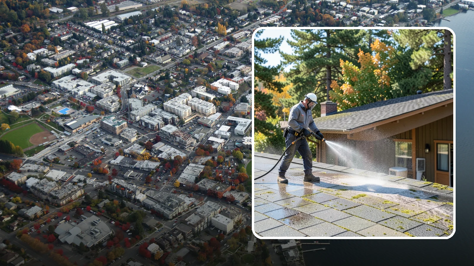 Roof Maintenance Cleaning in Kirkland, King County, WA - A recurring roof maintenance cleaning that keeps moss, algae, and debris in check across Washington's long wet season.