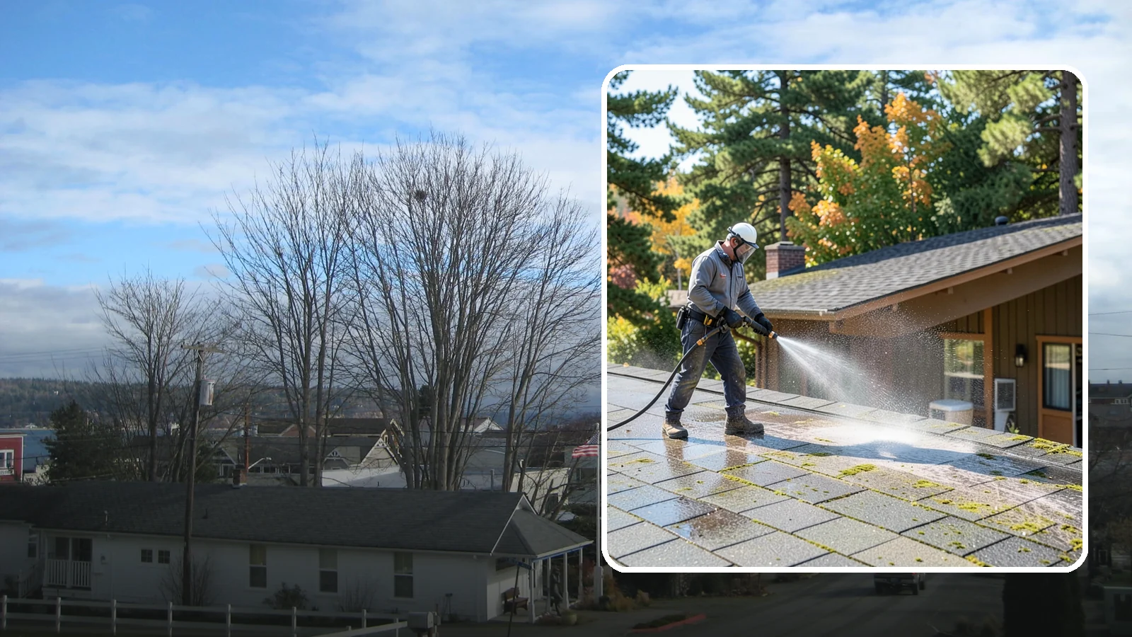 Roof Maintenance Cleaning in Langley, Island County, WA - A recurring roof maintenance cleaning that keeps moss, algae, and debris in check across Washington's long wet season.