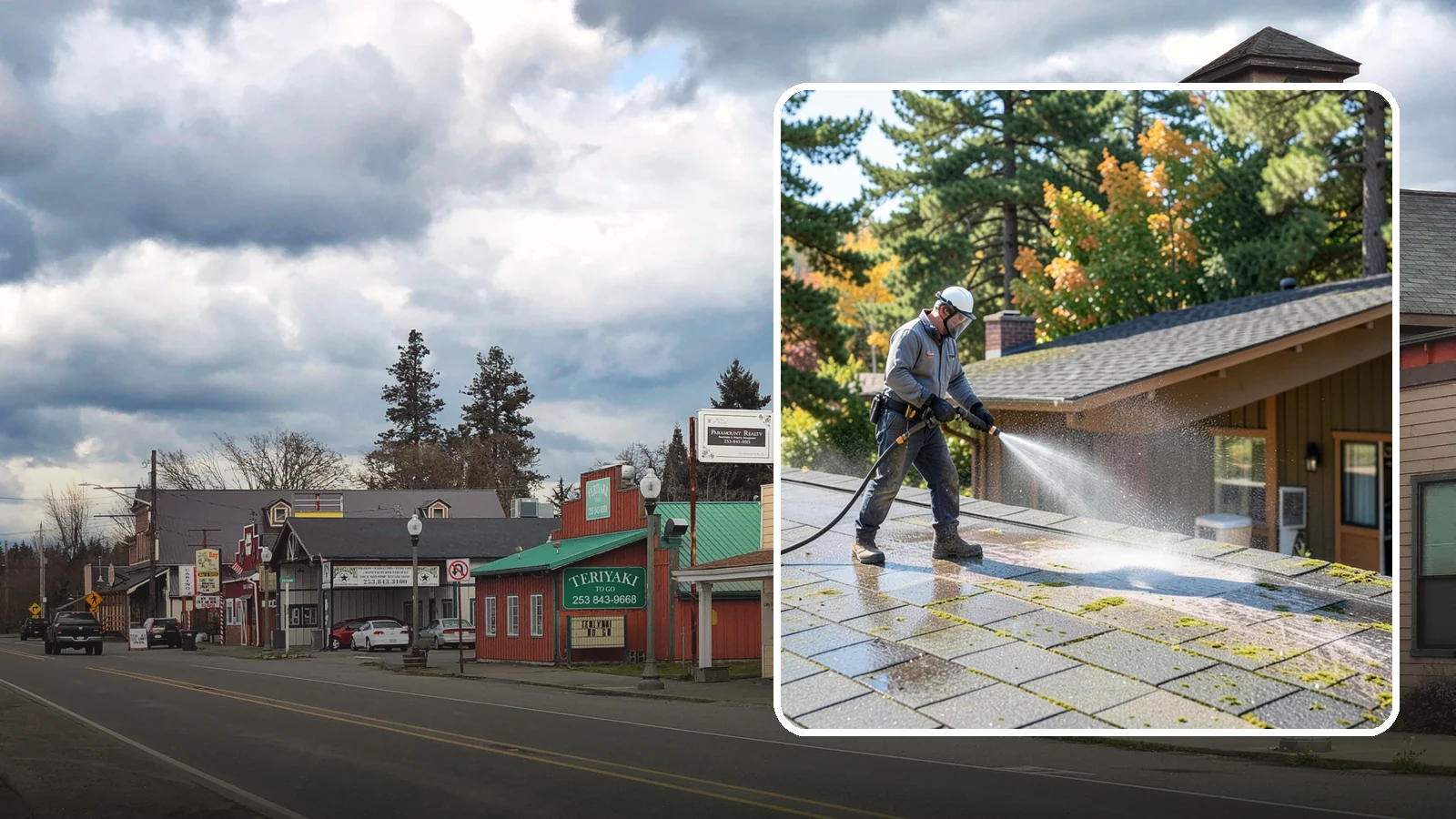 Roof Maintenance Cleaning in Roy, Pierce County, WA - A recurring roof maintenance cleaning that keeps moss, algae, and debris in check across Washington's long wet season.