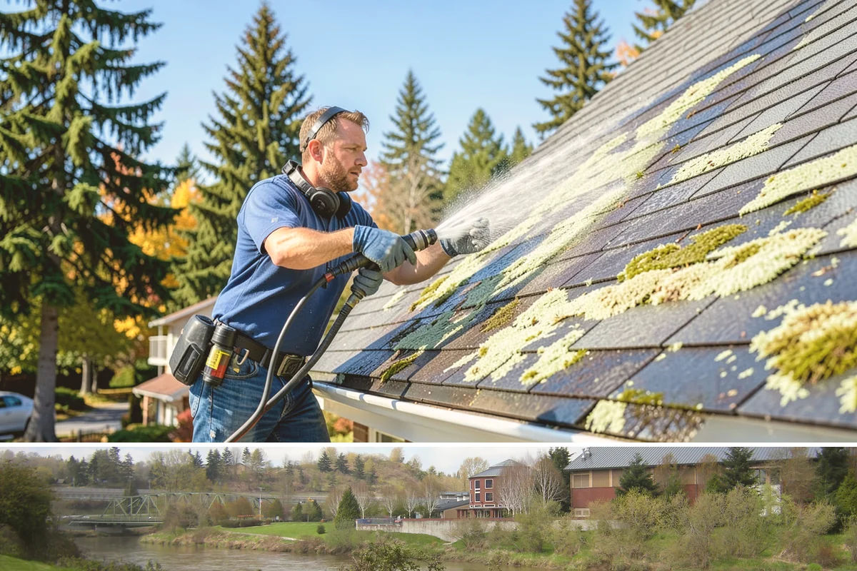 Roof Maintenance Cleaning in Tukwila, King County, WA - Twice-yearly visits in spring and fall keep the roof ahead of the region's relentless growth cycle.