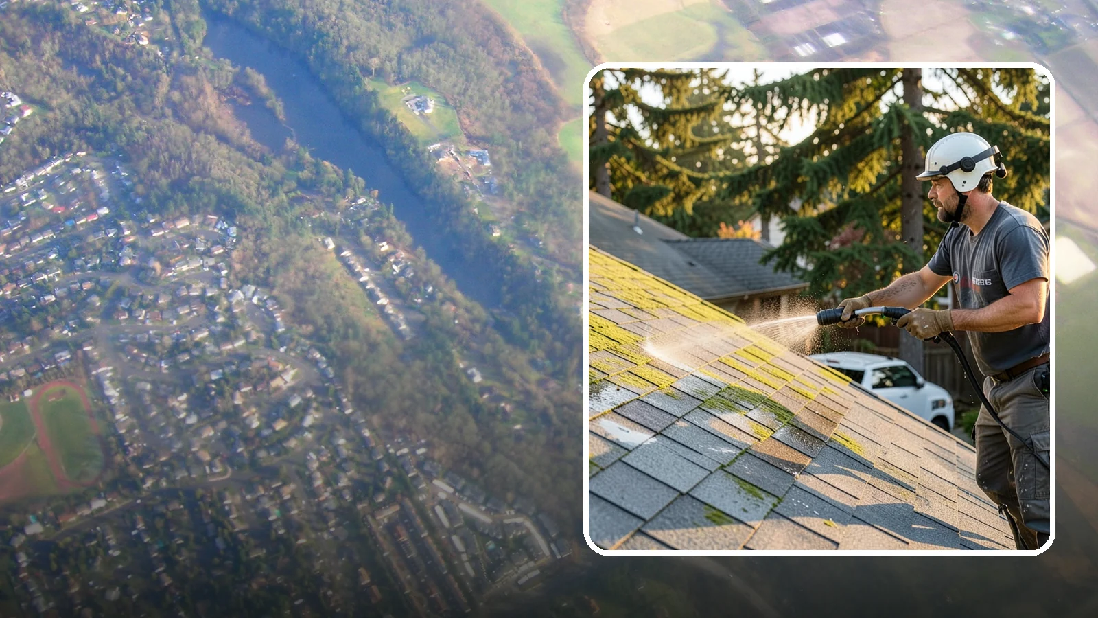 Roof Mildew Treatment in Algona, King County, WA - A roof mildew treatment that kills fungal growth and clears the musty discoloration common in shaded Northwest homes.