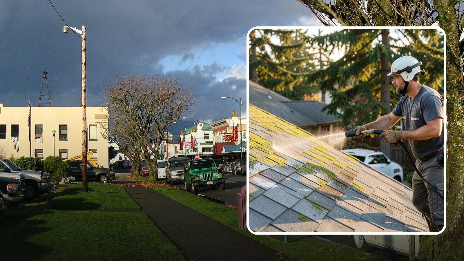 Roof Mildew Treatment in Arlington, Snohomish County, WA - A roof mildew treatment that kills fungal growth and clears the musty discoloration common in shaded Northwest homes.