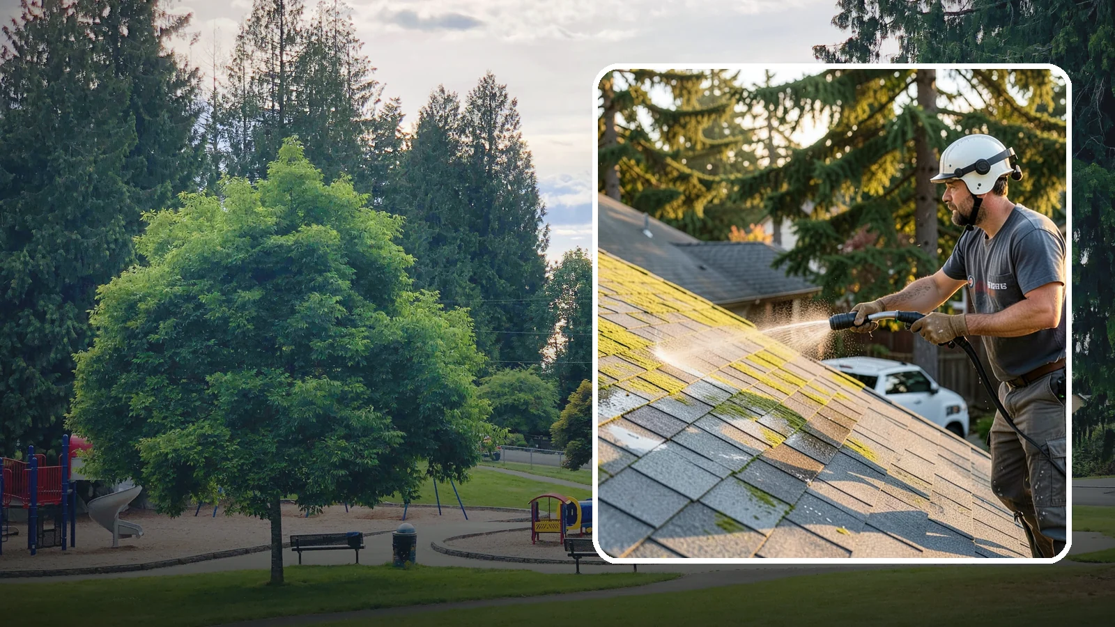 Roof Mildew Treatment in Bonney Lake, Pierce County, WA - A roof mildew treatment that kills fungal growth and clears the musty discoloration common in shaded Northwest homes.