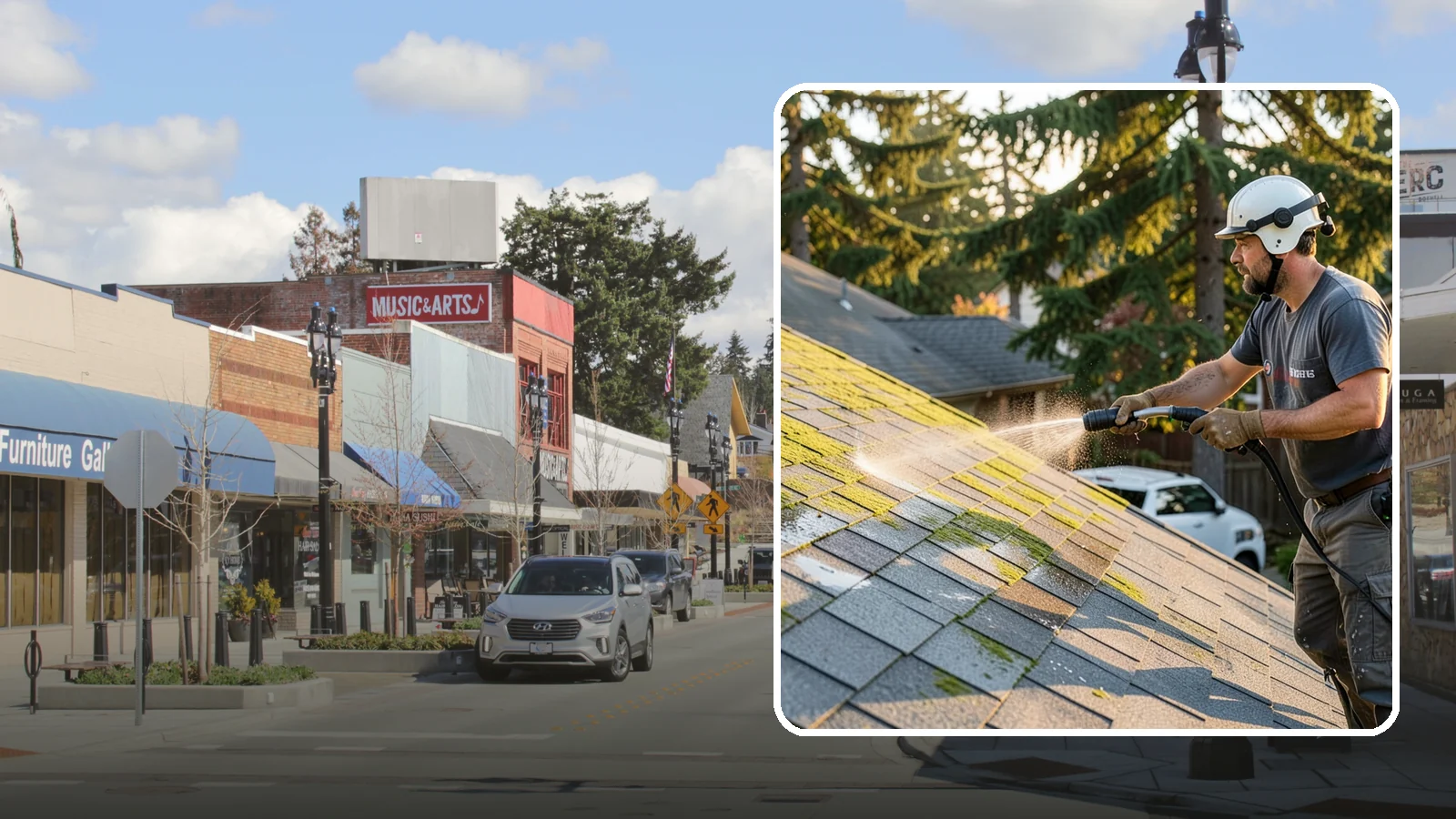 Roof Mildew Treatment in Bothell, King County, WA - A roof mildew treatment that kills fungal growth and clears the musty discoloration common in shaded Northwest homes.