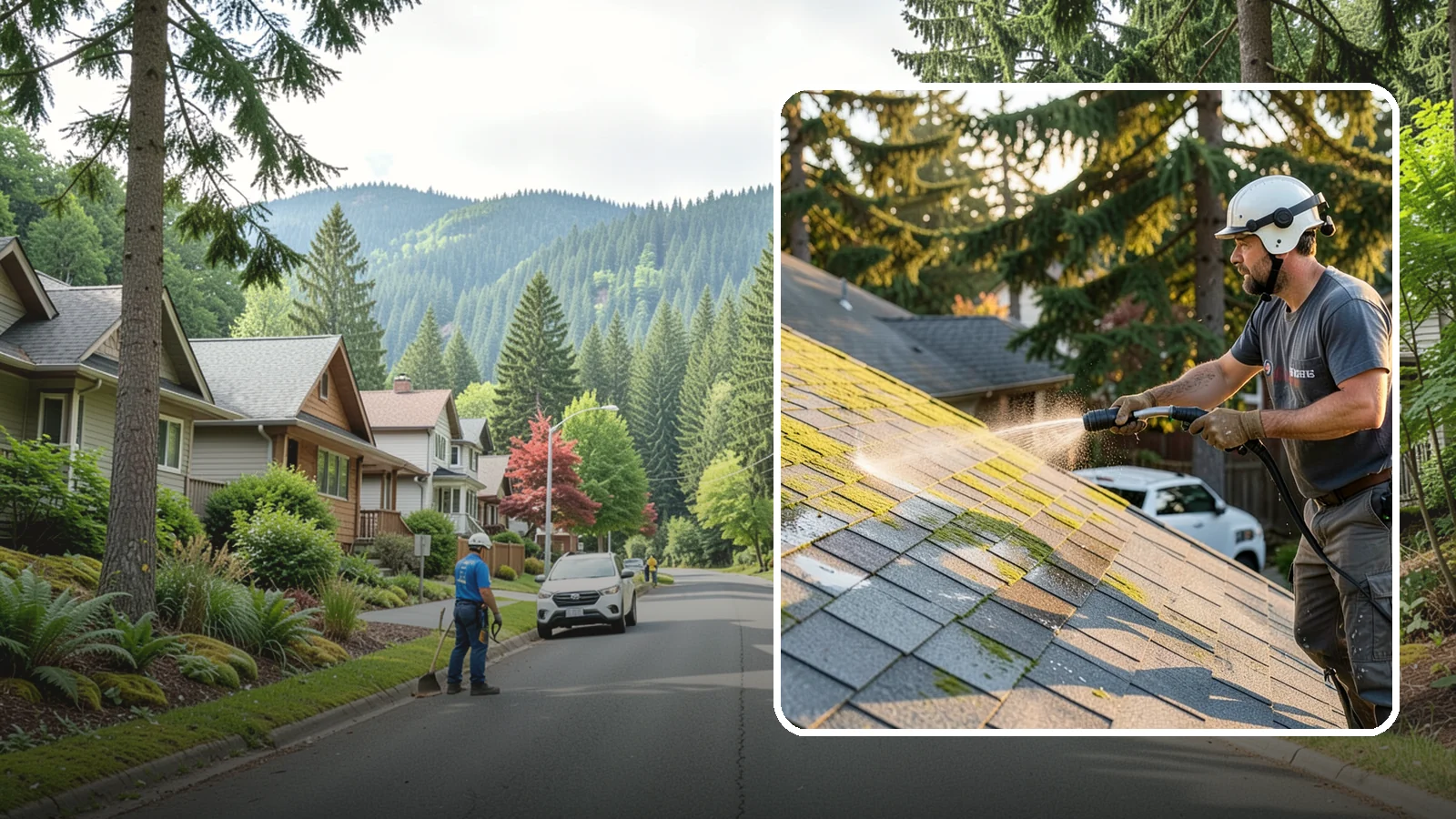 Roof Mildew Treatment in Darrington, Snohomish County, WA - A roof mildew treatment that kills fungal growth and clears the musty discoloration common in shaded Northwest homes.