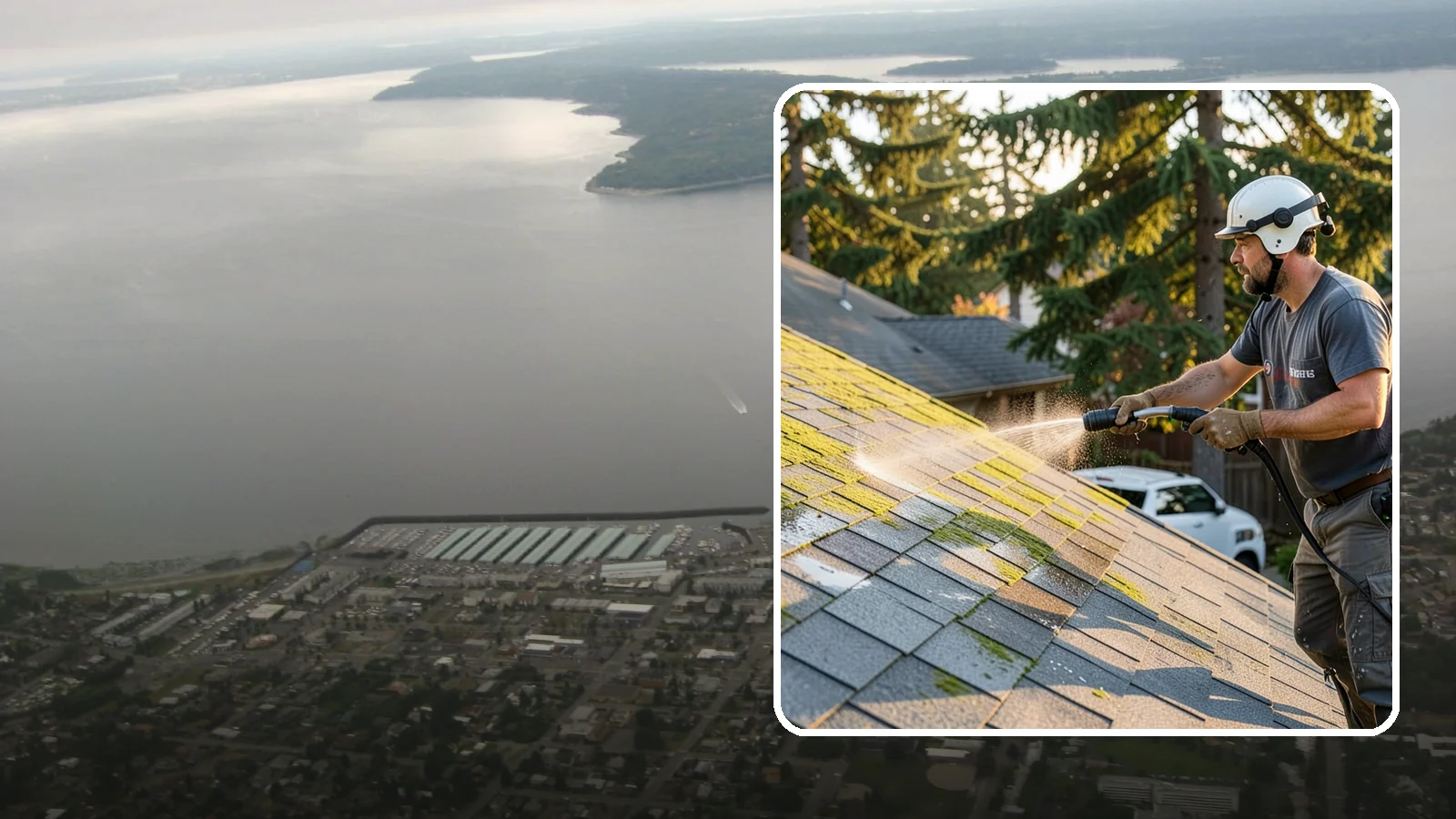 Roof Mildew Treatment in Des Moines, King County, WA - A roof mildew treatment that kills fungal growth and clears the musty discoloration common in shaded Northwest homes.