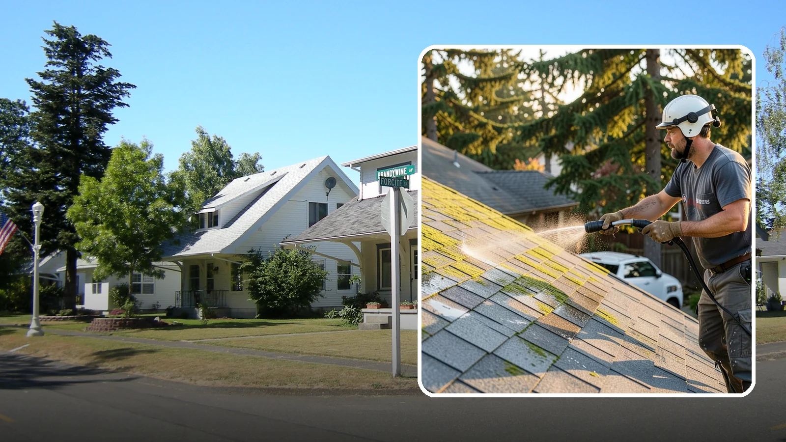 Roof Mildew Treatment in DuPont, Pierce County, WA - A roof mildew treatment that kills fungal growth and clears the musty discoloration common in shaded Northwest homes.