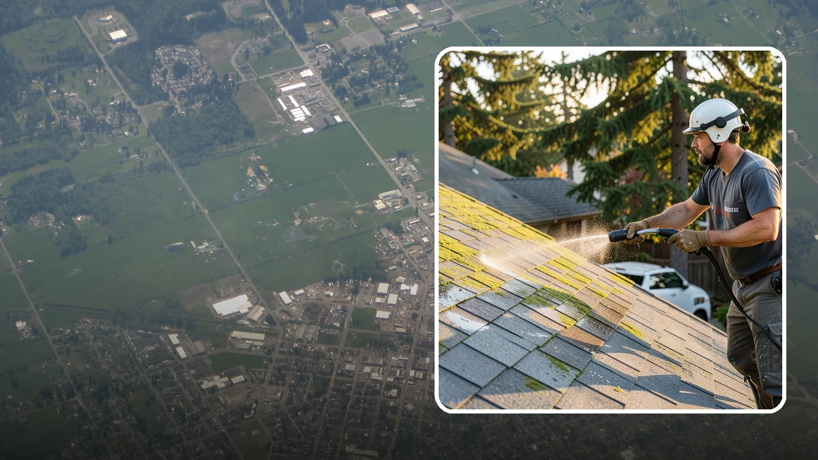 Roof Mildew Treatment in Enumclaw, King County, WA - A roof mildew treatment that kills fungal growth and clears the musty discoloration common in shaded Northwest homes.