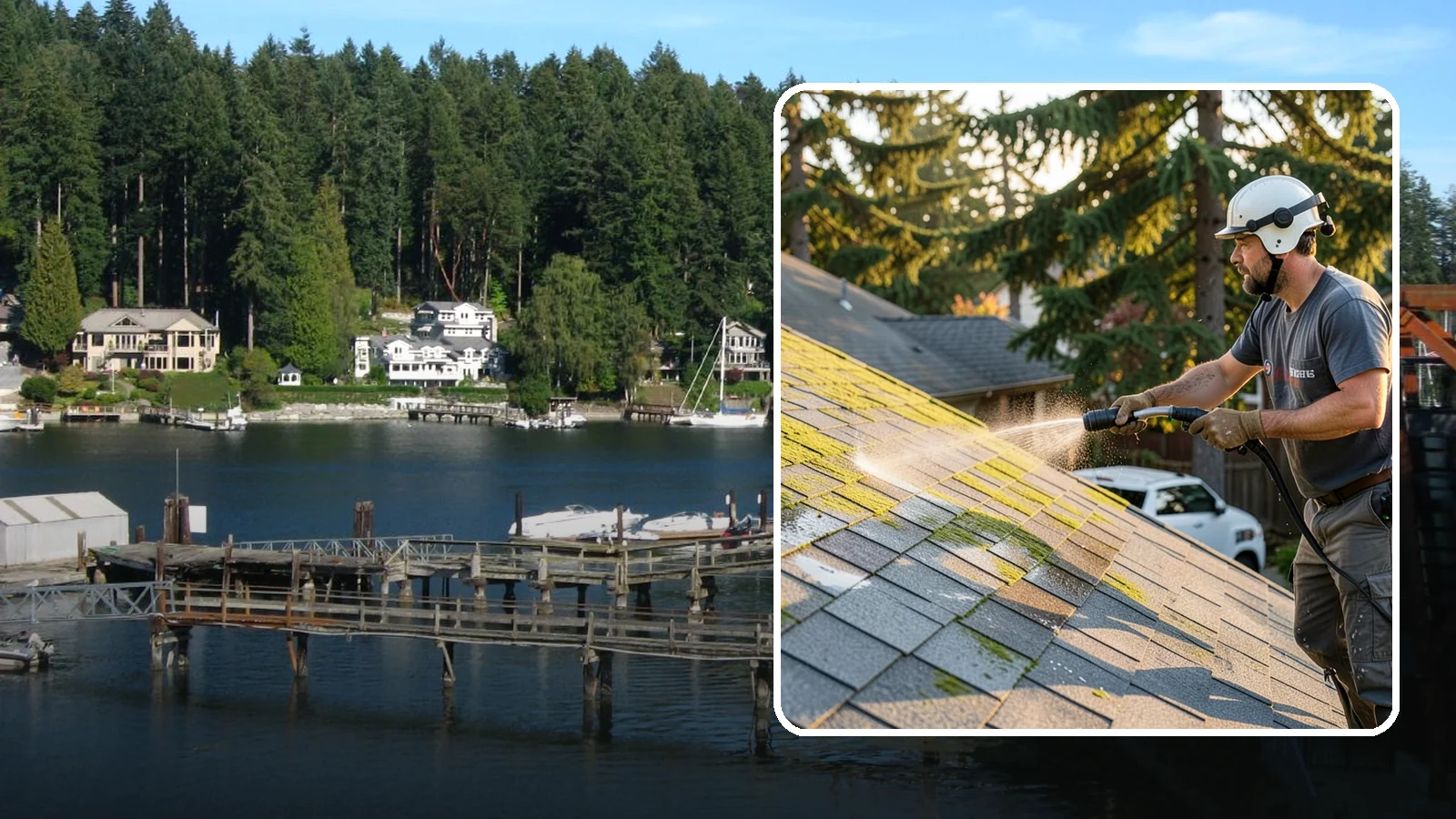 Roof Mildew Treatment in Gig Harbor, Pierce County, WA - A roof mildew treatment that kills fungal growth and clears the musty discoloration common in shaded Northwest homes.