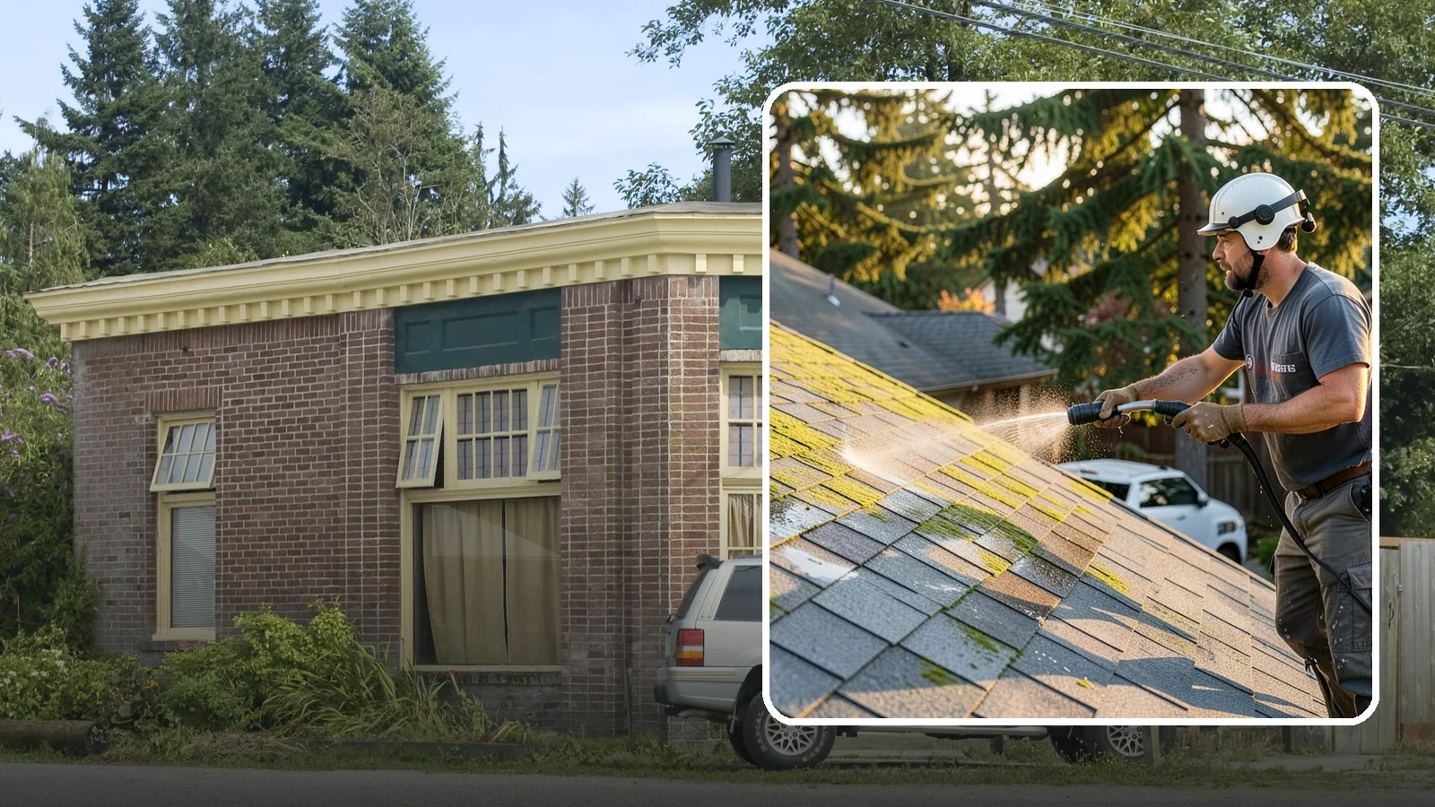 Roof Mildew Treatment in Hamilton, Skagit County, WA - A roof mildew treatment that kills fungal growth and clears the musty discoloration common in shaded Northwest homes.