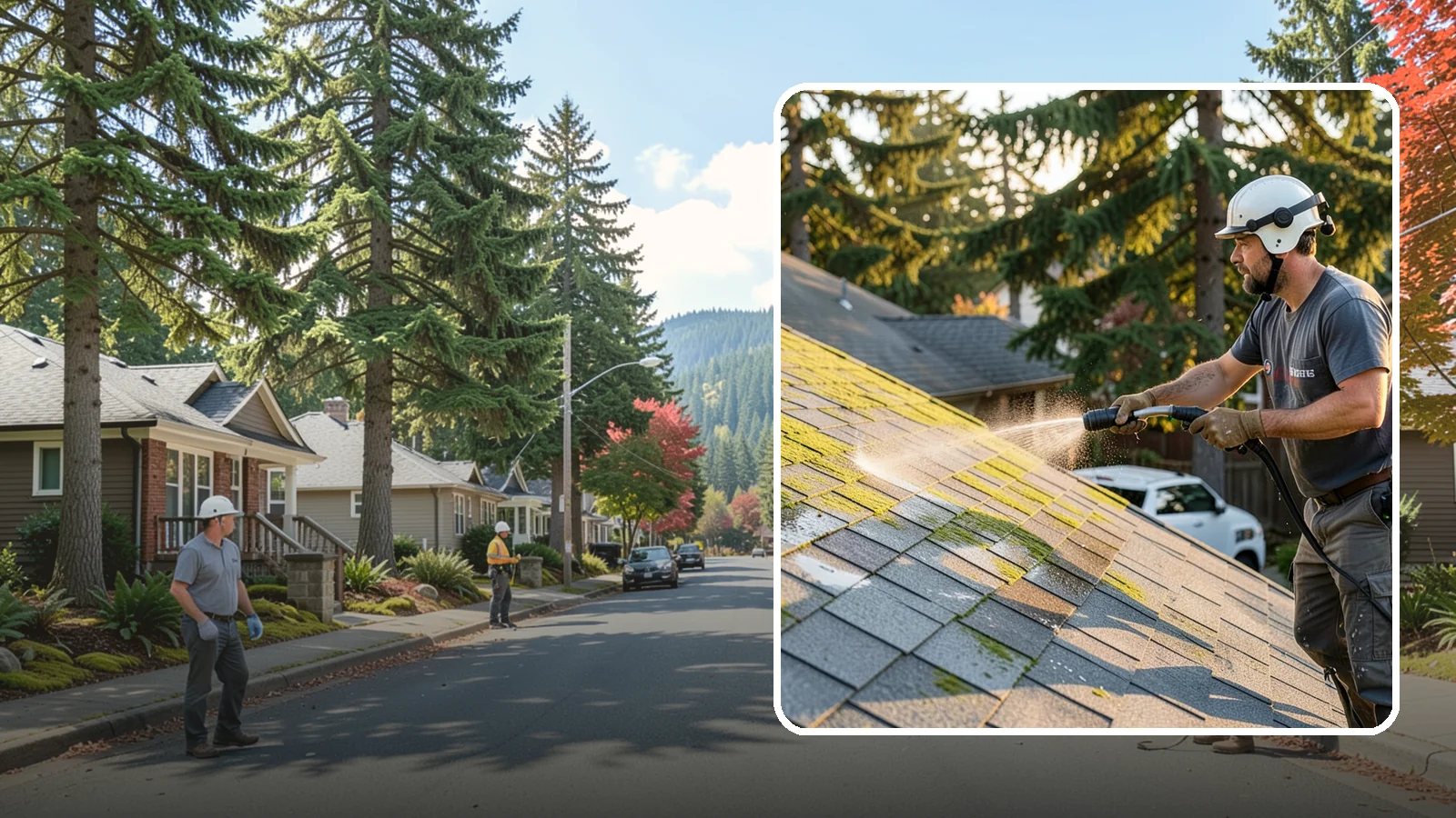 Roof Mildew Treatment in Hunts Point, King County, WA - A roof mildew treatment that kills fungal growth and clears the musty discoloration common in shaded Northwest homes.