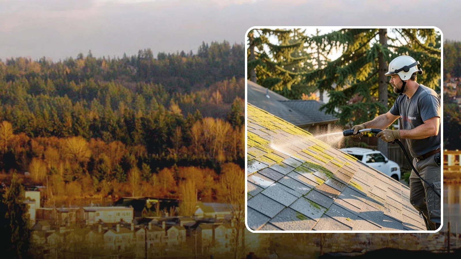 Roof Mildew Treatment in Kenmore, King County, WA - A roof mildew treatment that kills fungal growth and clears the musty discoloration common in shaded Northwest homes.