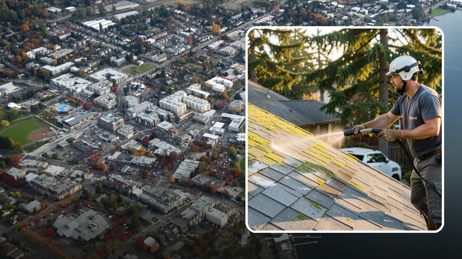 Roof Mildew Treatment in Kirkland, King County, WA - A roof mildew treatment that kills fungal growth and clears the musty discoloration common in shaded Northwest homes.