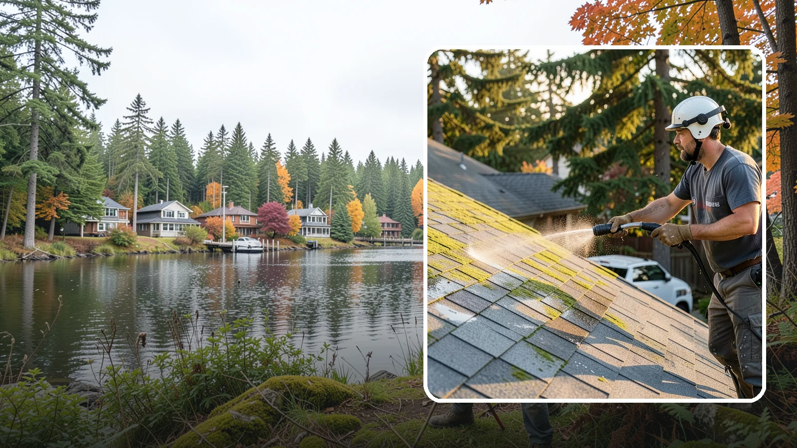 Roof Mildew Treatment in La Conner, Skagit County, WA - A roof mildew treatment that kills fungal growth and clears the musty discoloration common in shaded Northwest homes.