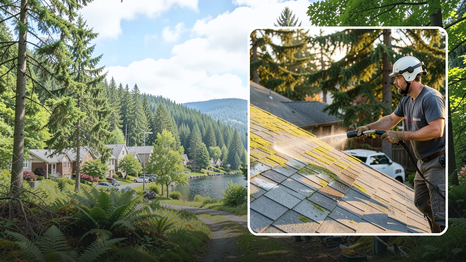 Roof Mildew Treatment in Lake Forest Park, King County, WA - A roof mildew treatment that kills fungal growth and clears the musty discoloration common in shaded Northwest homes.