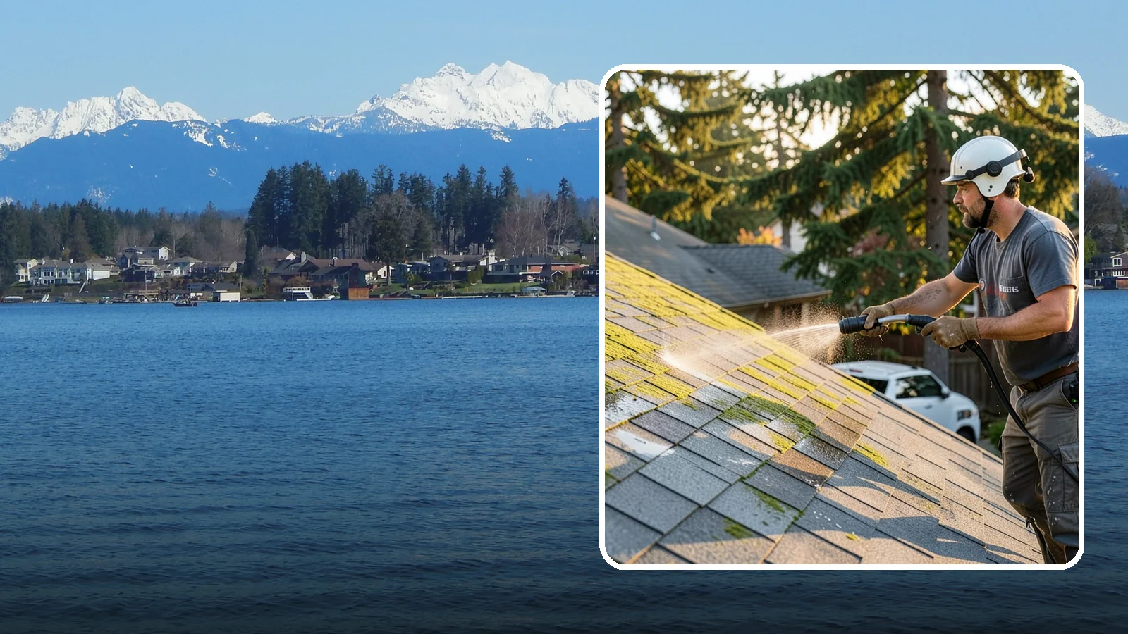 Roof Mildew Treatment in Lake Stevens, Snohomish County, WA - A roof mildew treatment that kills fungal growth and clears the musty discoloration common in shaded Northwest homes.