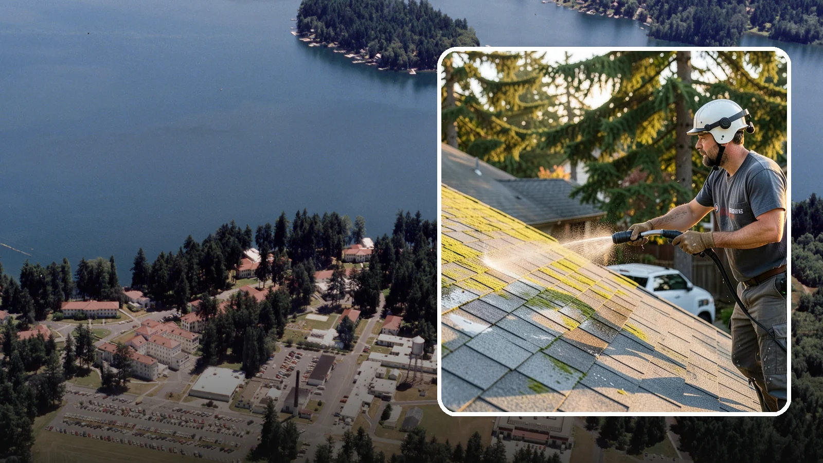 Roof Mildew Treatment in Lakewood, Pierce County, WA - A roof mildew treatment that kills fungal growth and clears the musty discoloration common in shaded Northwest homes.