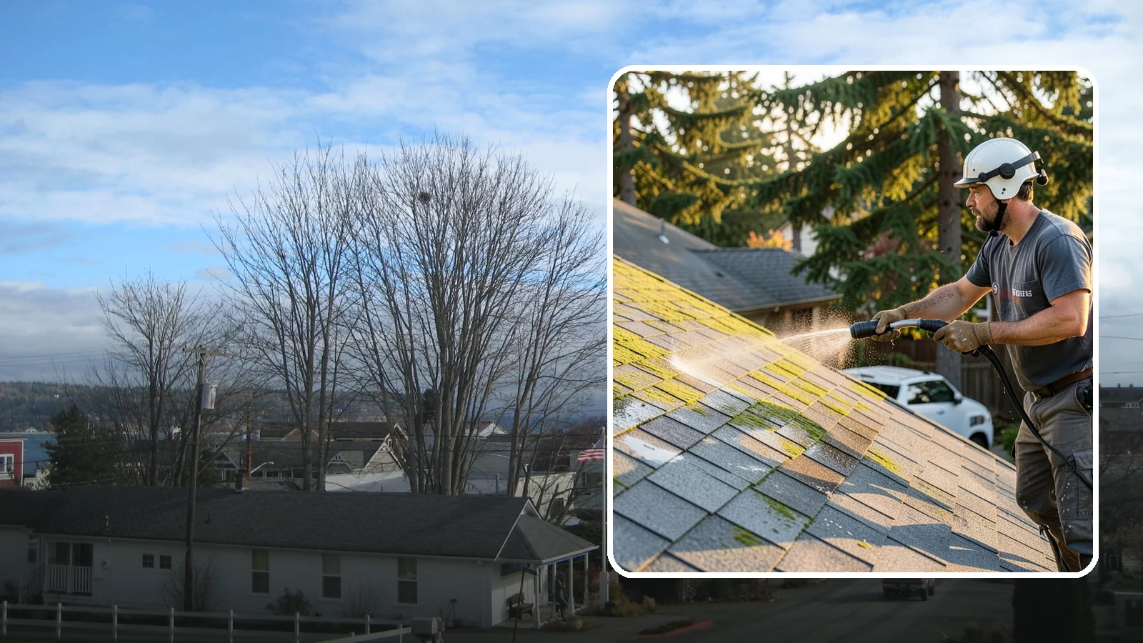 Roof Mildew Treatment in Langley, Island County, WA - A roof mildew treatment that kills fungal growth and clears the musty discoloration common in shaded Northwest homes.