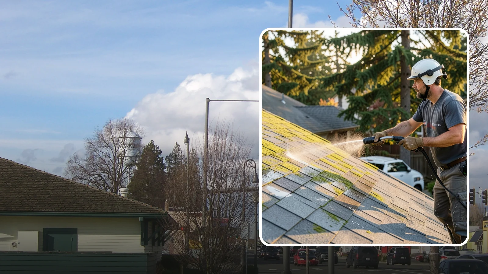 Roof Mildew Treatment in Marysville, Snohomish County, WA - A roof mildew treatment that kills fungal growth and clears the musty discoloration common in shaded Northwest homes.