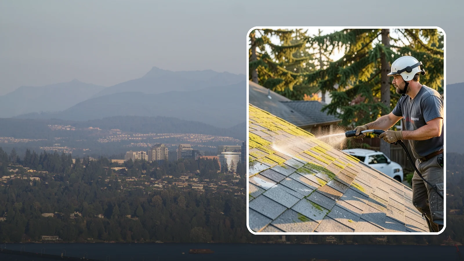 Roof Mildew Treatment in Medina, King County, WA - A roof mildew treatment that kills fungal growth and clears the musty discoloration common in shaded Northwest homes.