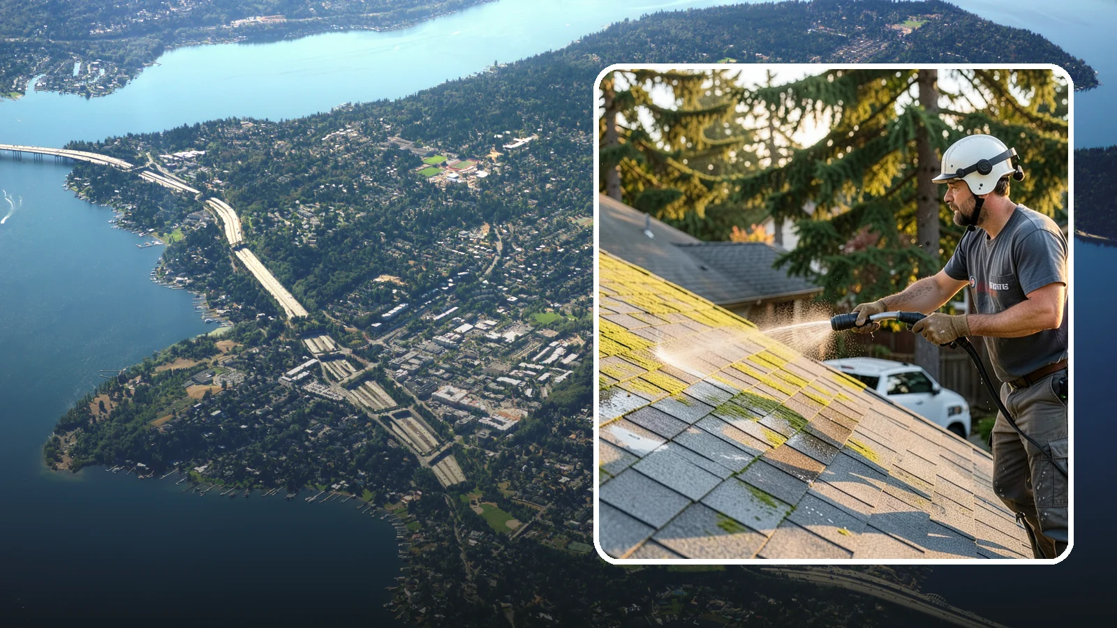 Roof Mildew Treatment in Mercer Island, King County, WA - A roof mildew treatment that kills fungal growth and clears the musty discoloration common in shaded Northwest homes.