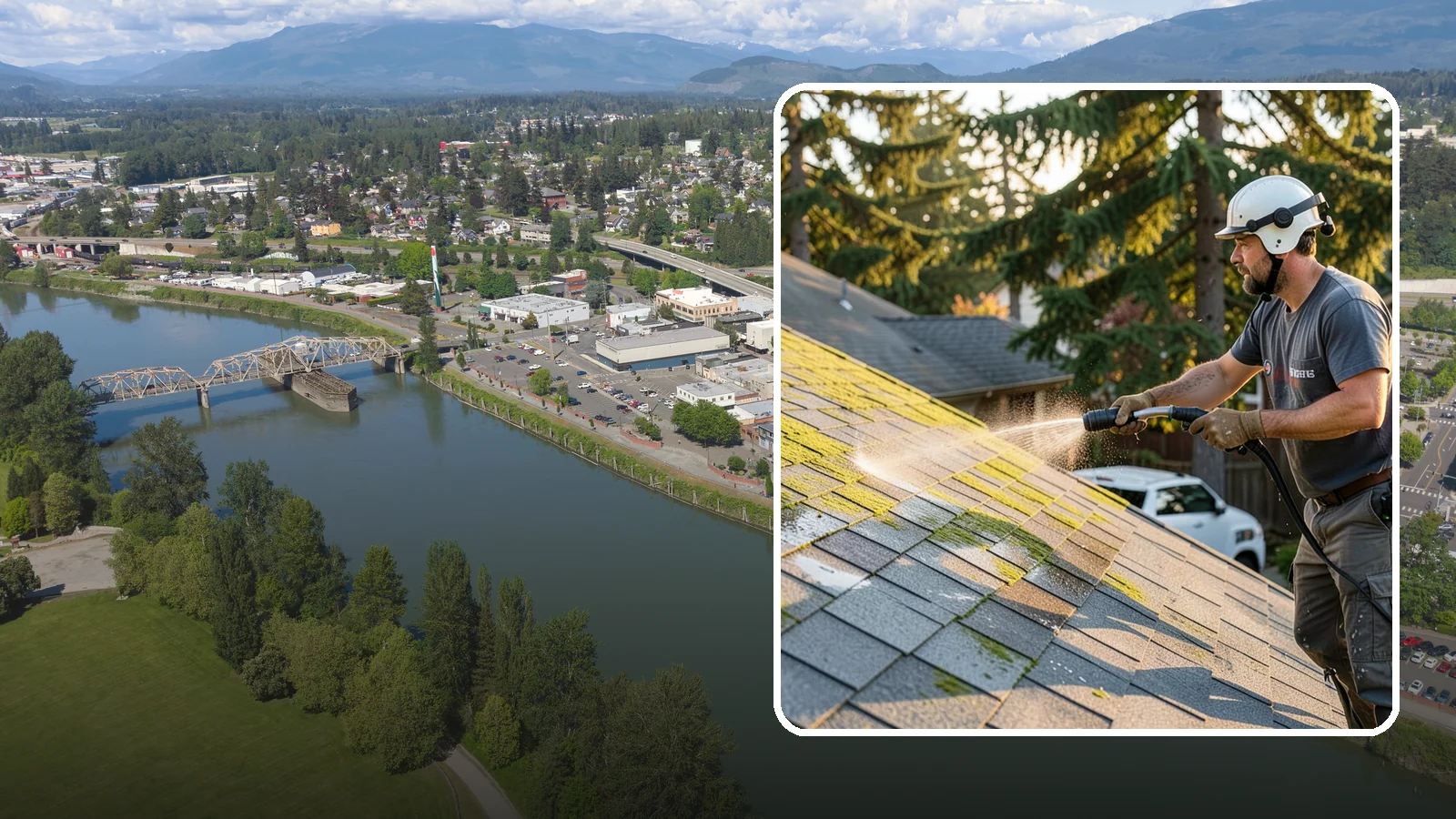 Roof Mildew Treatment in Mount Vernon, Skagit County, WA - A roof mildew treatment that kills fungal growth and clears the musty discoloration common in shaded Northwest homes.
