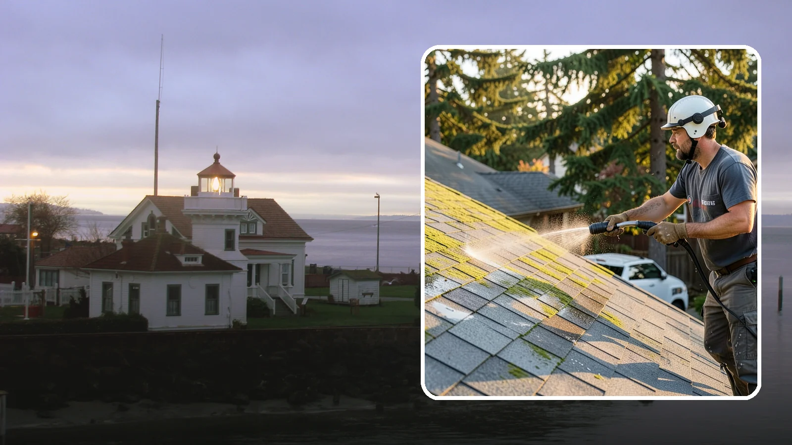 Roof Mildew Treatment in Mukilteo, Snohomish County, WA - A roof mildew treatment that kills fungal growth and clears the musty discoloration common in shaded Northwest homes.