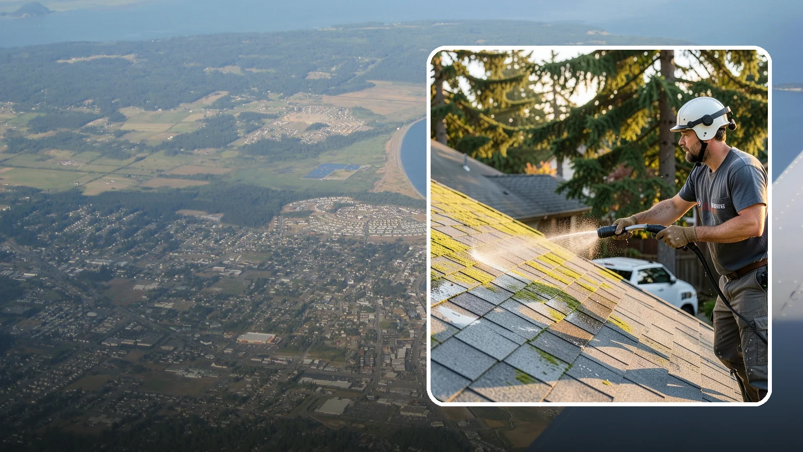 Roof Mildew Treatment in Oak Harbor, Island County, WA - A roof mildew treatment that kills fungal growth and clears the musty discoloration common in shaded Northwest homes.