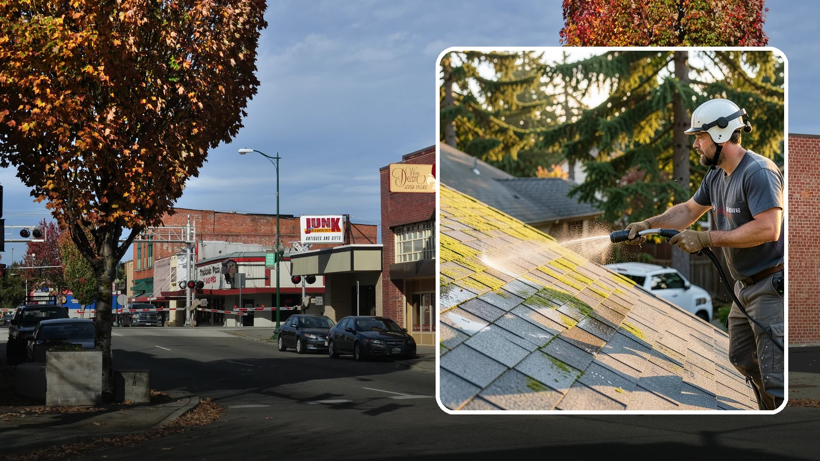 Roof Mildew Treatment in Puyallup, Pierce County, WA - A roof mildew treatment that kills fungal growth and clears the musty discoloration common in shaded Northwest homes.