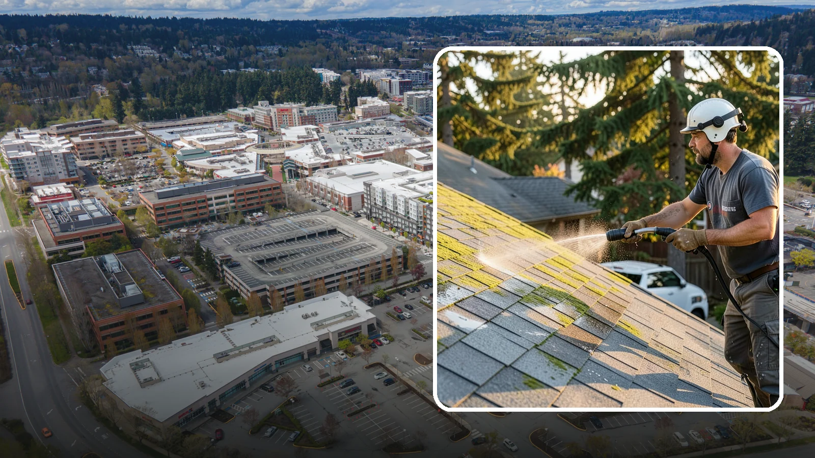Roof Mildew Treatment in Redmond, King County, WA - A roof mildew treatment that kills fungal growth and clears the musty discoloration common in shaded Northwest homes.
