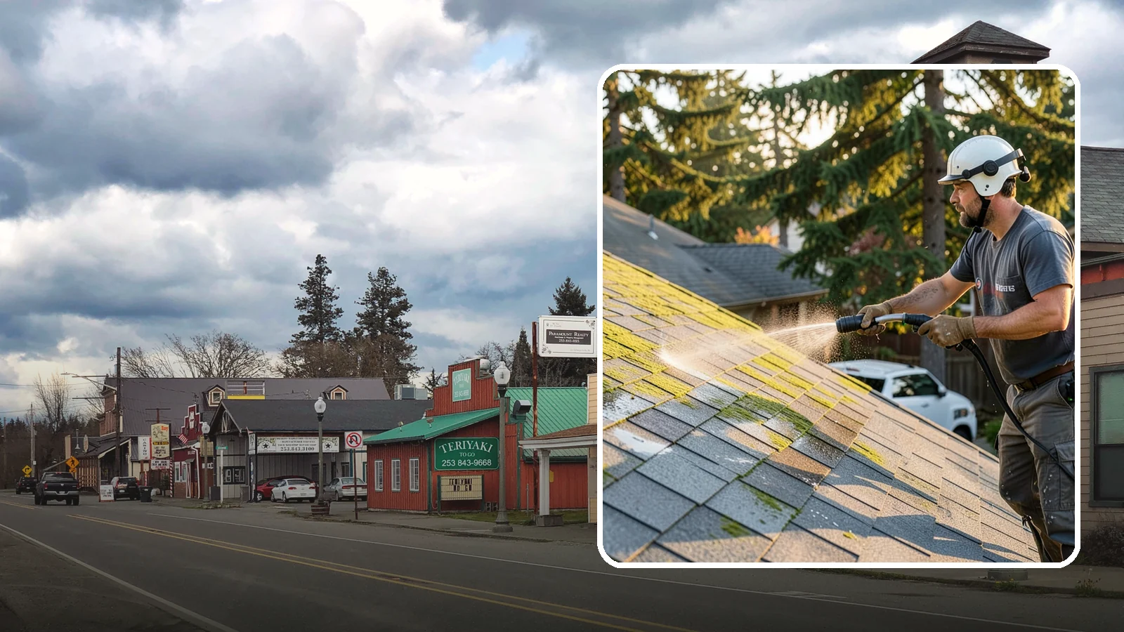 Roof Mildew Treatment in Roy, Pierce County, WA - A roof mildew treatment that kills fungal growth and clears the musty discoloration common in shaded Northwest homes.