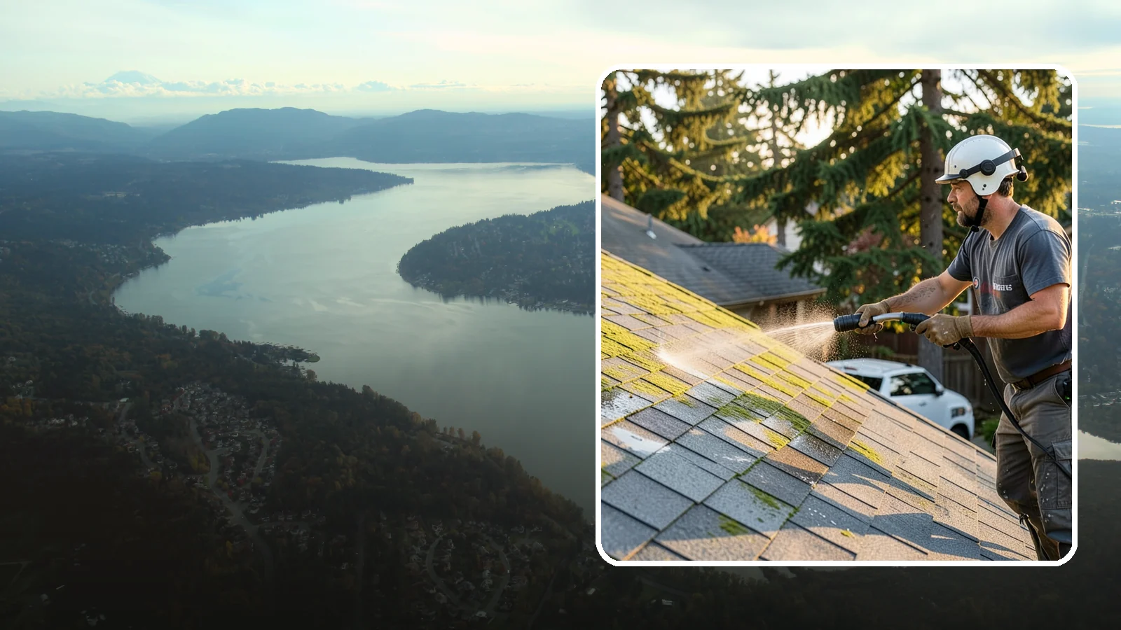 Roof Mildew Treatment in Sammamish, King County, WA - A roof mildew treatment that kills fungal growth and clears the musty discoloration common in shaded Northwest homes.