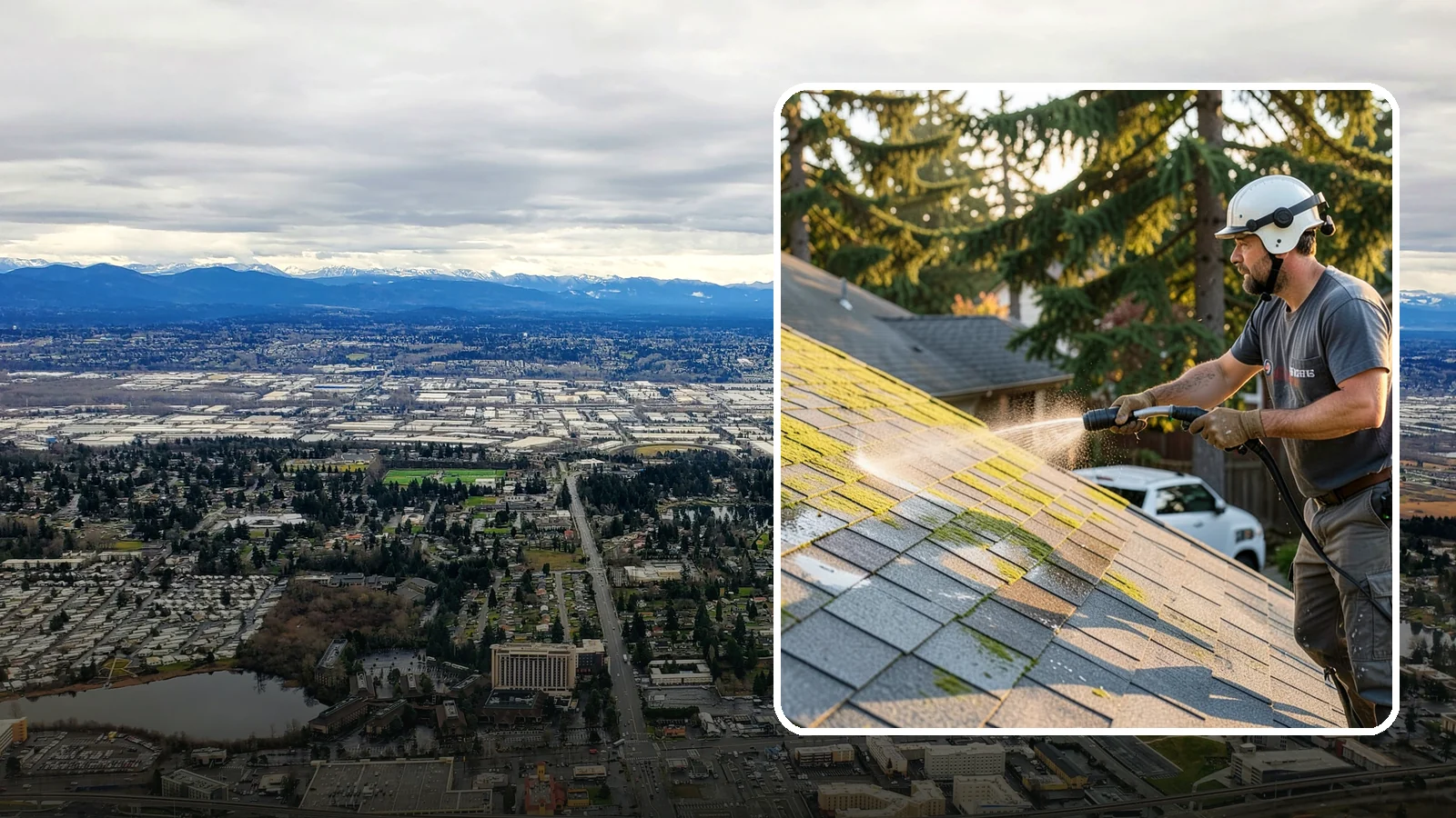 Roof Mildew Treatment in SeaTac, King County, WA - A roof mildew treatment that kills fungal growth and clears the musty discoloration common in shaded Northwest homes.
