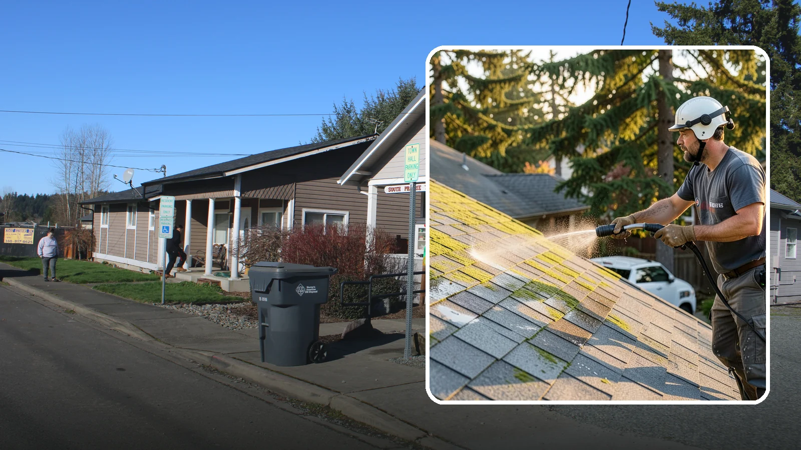 Roof Mildew Treatment in South Prairie, Pierce County, WA - A roof mildew treatment that kills fungal growth and clears the musty discoloration common in shaded Northwest homes.