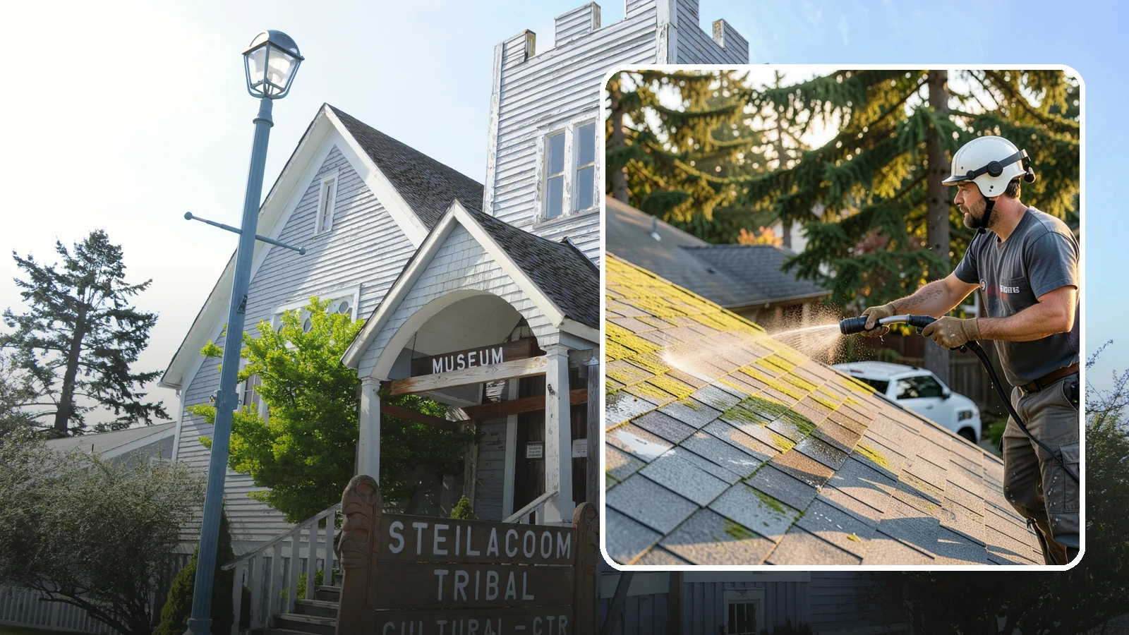 Roof Mildew Treatment in Steilacoom, Pierce County, WA - A roof mildew treatment that kills fungal growth and clears the musty discoloration common in shaded Northwest homes.