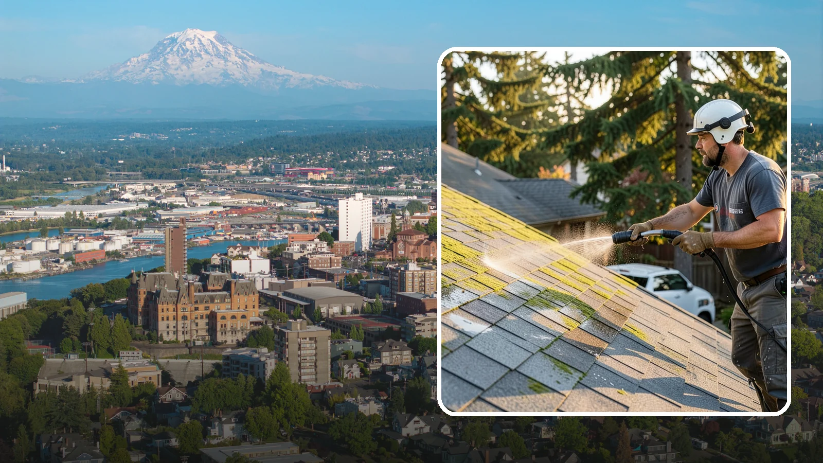 Roof Mildew Treatment in Tacoma, Pierce County, WA - A roof mildew treatment that kills fungal growth and clears the musty discoloration common in shaded Northwest homes.