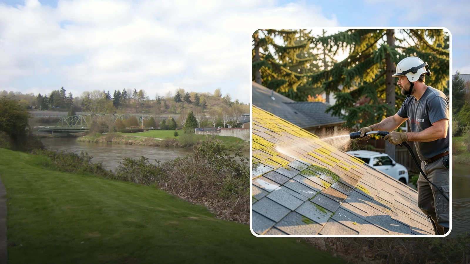 Roof Mildew Treatment in Tukwila, King County, WA - A roof mildew treatment that kills fungal growth and clears the musty discoloration common in shaded Northwest homes.