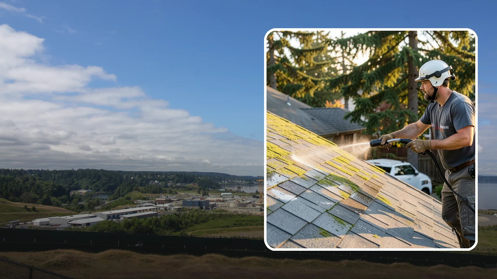 Roof Mildew Treatment in University Place, Pierce County, WA - A roof mildew treatment that kills fungal growth and clears the musty discoloration common in shaded Northwest homes.