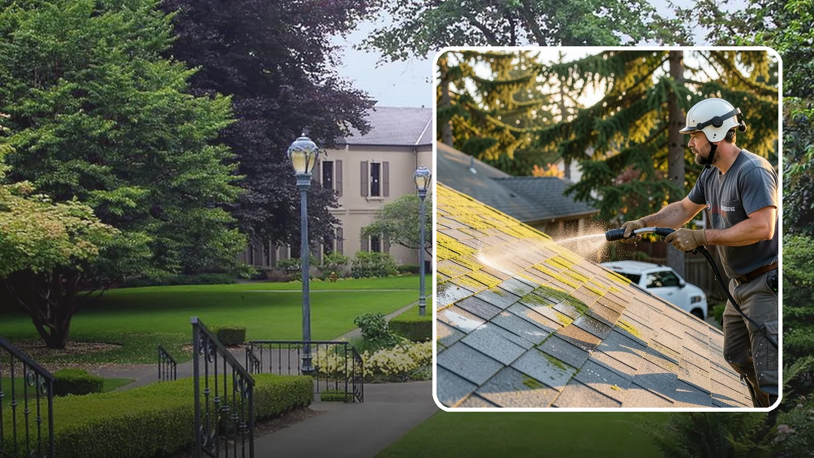 Roof Mildew Treatment in Woodinville, King County, WA - A roof mildew treatment that kills fungal growth and clears the musty discoloration common in shaded Northwest homes.