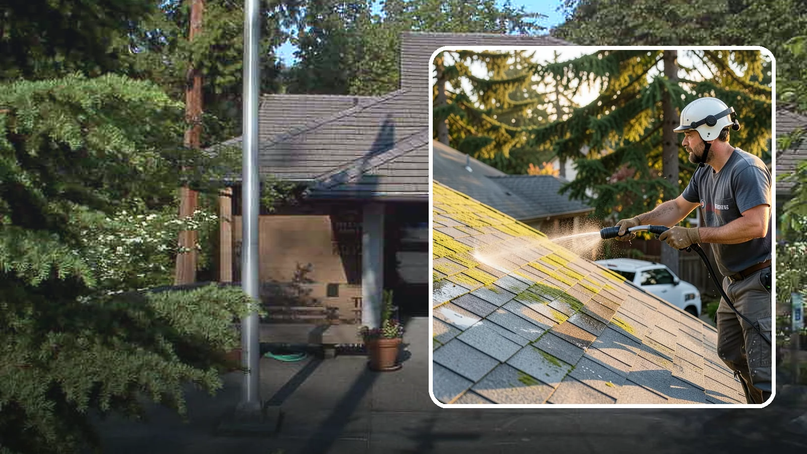 Roof Mildew Treatment in Yarrow Point, King County, WA - A roof mildew treatment that kills fungal growth and clears the musty discoloration common in shaded Northwest homes.