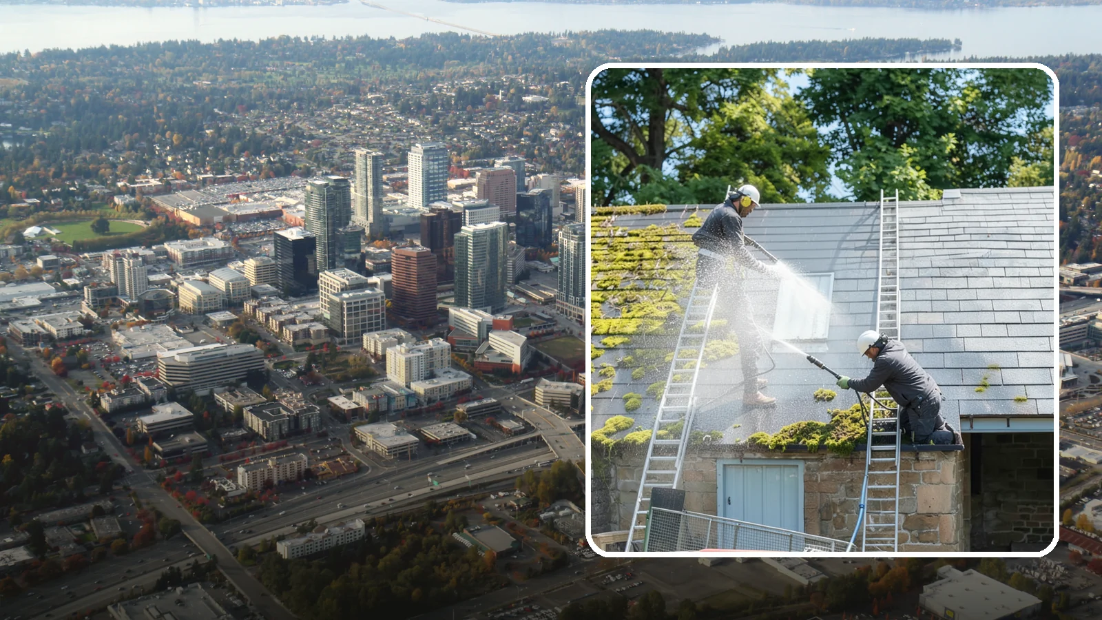 Roof Moss Removal in Bellevue, King County, WA - Targeted moss removal that clears thick colonies from Washington roofs and treats the surface to slow regrowth.