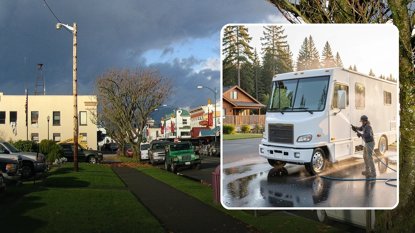 RV Washing in Arlington, Snohomish County, WA - We wash RVs and motorhomes in Washington to strip road film, black streaks, and the algae from months of storage.